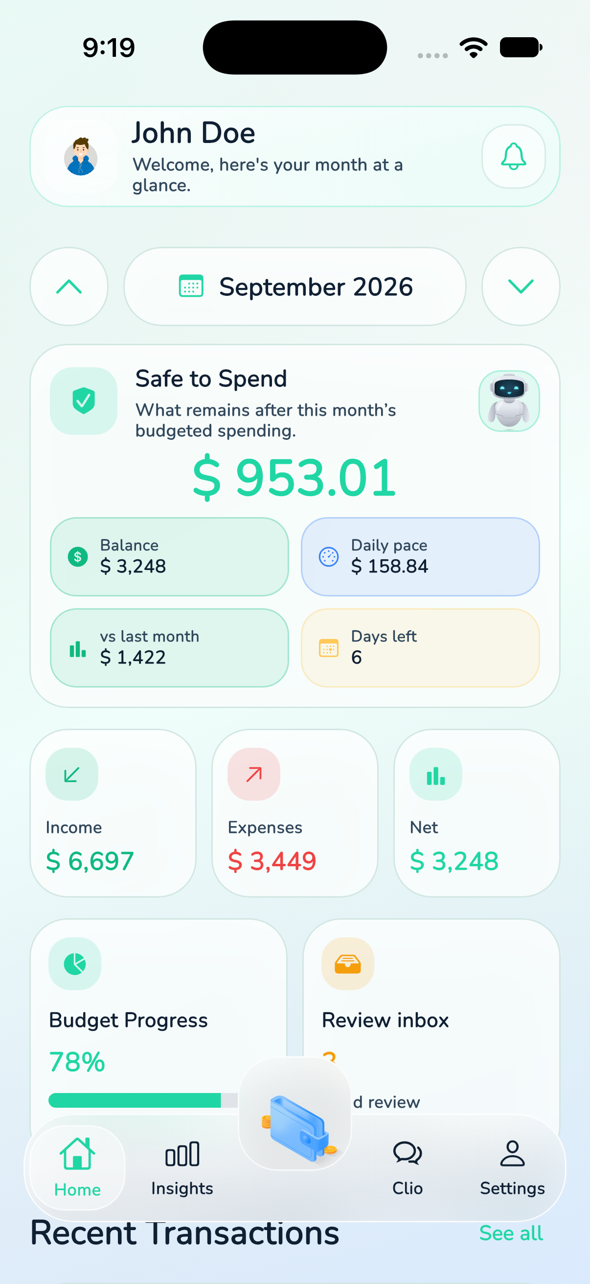 ClearSpend App Cockpit & Balance Overview